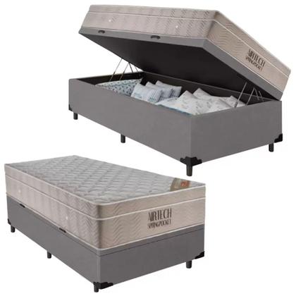 Imagem de Cama Baú Solteiro Cinza Colchão Molas Ensacadas Airtech SpringPocket 88x188 - Ortobom