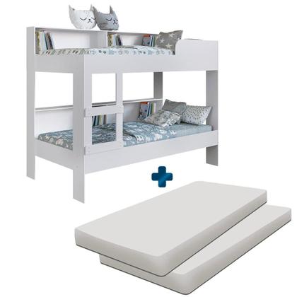 Imagem de Cama Beliche Com Estante E 2 Colchões Solteiro Branco Sunset Shop JM