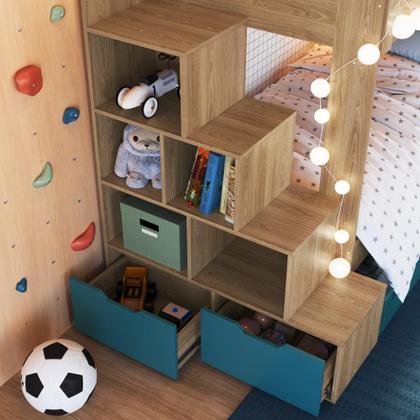 Imagem de Cama Beliche Infantil Bicama Menino Menina 2,32m com Escada, Nichos e Gavetas com Rodas Aveiro com Azul