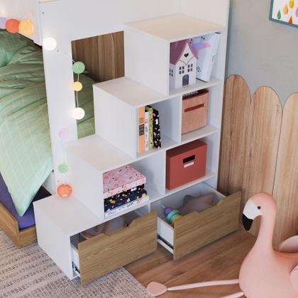 Imagem de Cama Beliche Infantil Bicama Menino Menina 2,32m com Escada, Nichos e Gavetas com Rodas