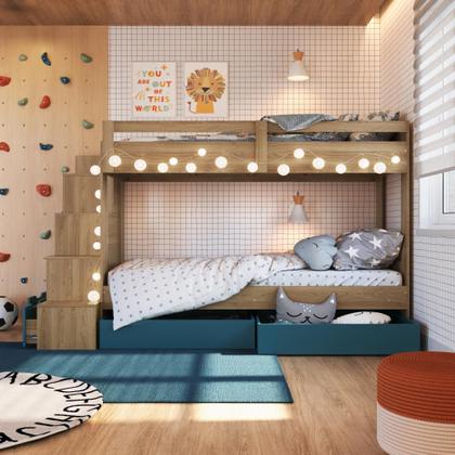 Imagem de Cama Beliche Infantil com Escada e Nichos com 2 Gavetões Marrom Azul