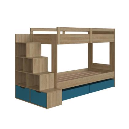 Imagem de Cama Beliche Infantil com Escada e Nichos com 2 Gavetões Marrom Azul