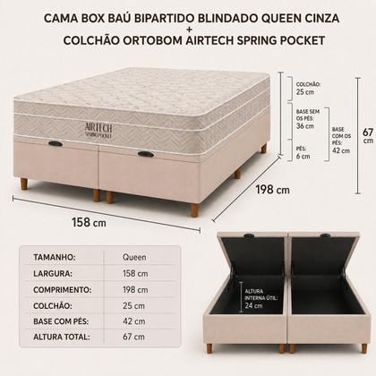 Imagem de CAMA BOX BAÚ BLINDADO QUEEN COM COLCHÃO MOLAS ENSACADAS ORTOBOM AIRTECH SPRINGPOCKET 158x198x67CM BEGE