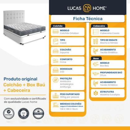 Imagem de Cama Box Baú Casal + Cabeceira Cassis e Colchão Ortobom Iso 100 138cm