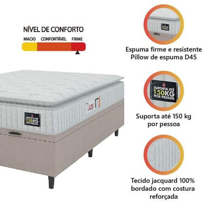 Imagem de Cama Box Baú Casal Colchão Espuma D45 Lazio Pillow Top 138x188x65cm Suede Branco Bege Hellen