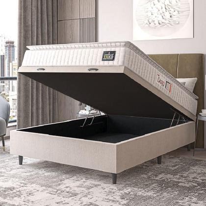 Imagem de Cama Box Baú Casal Colchão Espuma D45 Lazio Pillow Top 138x188x65cm Suede Branco Bege Hellen