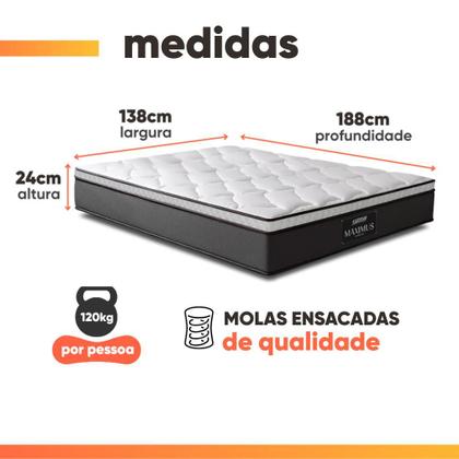 Imagem de Cama Box Baú Casal Colchão Gazin Maximus Molas Ensacadas 138x188x65cm Cinza / Preto - Suporta até 120kg por Pessoa