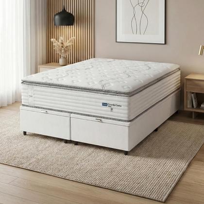 Imagem de Cama Box Baú Casal King Colchão Molas Guarda Costas Max Com Pillow 193x203x81cm Branco/Cinza