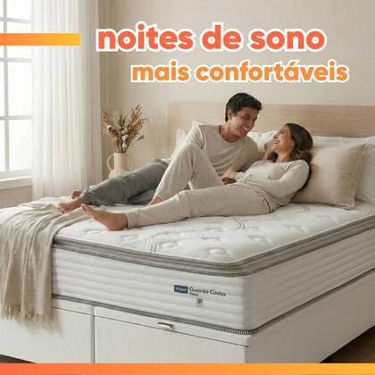Imagem de Cama Box Baú Casal King Colchão Molas Guarda Costas Max Com Pillow 193x203x81cm Branco/Cinza