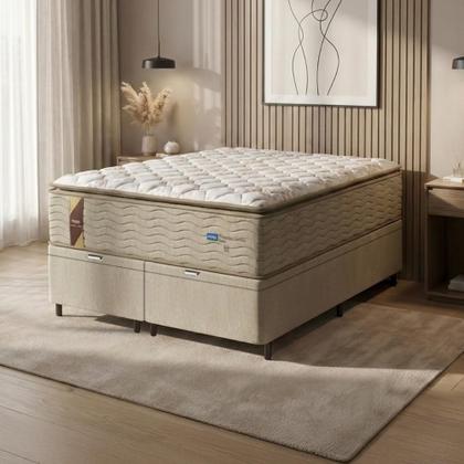 Imagem de Cama Box Baú Casal King Colchão Molas Guarda Costas Max Com Pillow 193x203x81cm Suede Bege/Branco