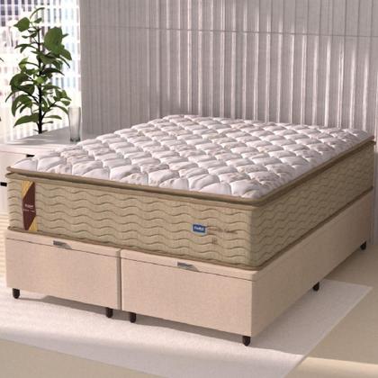 Imagem de Cama Box Baú Casal King Colchão Molas Guarda Costas Max Com Pillow 193x203x81cm Suede Bege/branco