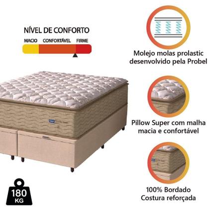 Imagem de Cama Box Baú Casal King Colchão Molas Guarda Costas Max Com Pillow 193x203x81cm Suede Bege/branco