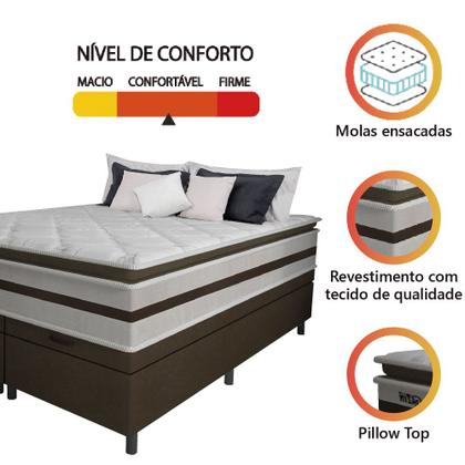 Imagem de Cama Box Baú Casal King Gazin Colchão Molas Ensacadas Pillow Top Love Story 193x203x71cm Branco / Marrom - Suporta Até 120Kg Por Pessoa