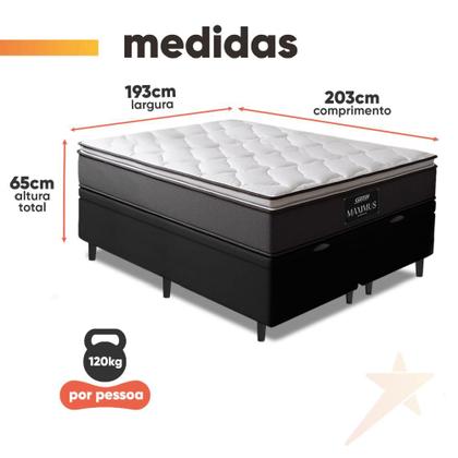 Imagem de Cama Box Baú Casal King Gazin Colchão Molas Ensacadas Pillow Top Maximus 193x203x69cm Cinza/Preto