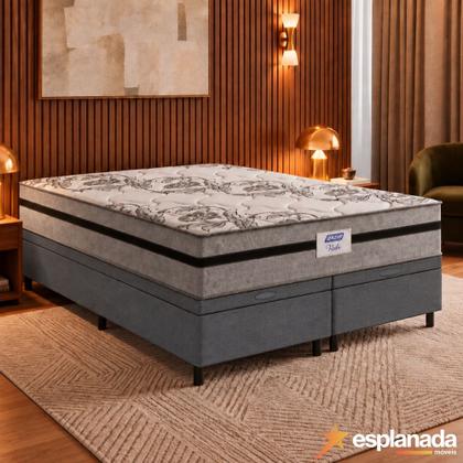 Imagem de Cama Box Baú Casal Queen Colchão Gazin Com Molas Ensacadas Rubi 158x198x73cm Suede Cinza/Preto