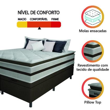 Imagem de Cama Box Baú Casal Queen Gazin Colchão Molas Ensacadas Pillow Top Love Story 158x198x71cm Branco / Marrom - Suporta Até 120Kg Por Pessoa