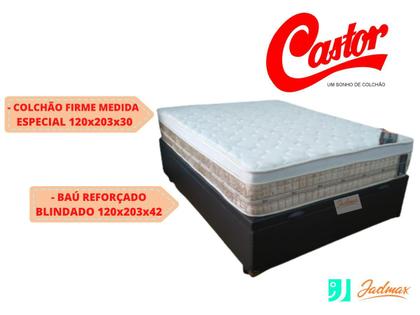 Imagem de Cama Box Baú Casal Viúva Medida Especial + Colchão Castor Premium Tecnopedic Molas -120x203x72 - Linha Firme - Luxo - Ideal para espaços pequenos 