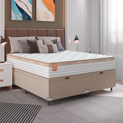 Imagem de Cama Box Baú Colchão Casal King Molas Ensacadas Real 193x203x68cm Bege/branco Inducol Branco Nat