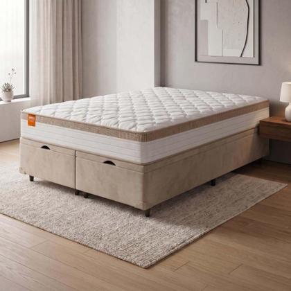 Imagem de Cama Box Baú Colchão Casal King Molas Ensacadas Real 193x203x68cm Bege / Branco Inducol - Suporta até 130kg por Pessoa