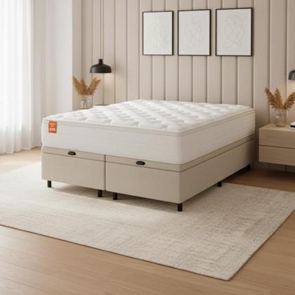 Imagem de Cama Box Baú Colchão Casal King Molas Ensacadas Real 193x203x68cm Linho Branco Inducol - Suporta até 130kg por Pessoa