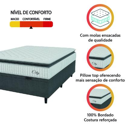 Cama Box Baú Colchão Casal Molas Ensacadas City Pillow Top 138x188x64cm Branco / Cinza Hellen - Suporta até 110kg por Pessoa Imagem de Cama Box Baú Colchão Casal Molas Ensacadas City Pillow Top 138x188x64cm Branco / Cinza Hellen - Suporta até 110kg por Pessoa
