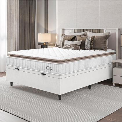 Imagem de Cama Box Baú Colchão Casal Molas Ensacadas City Pillow Top 138x188x64cm Linho Branco / Bege Hellen - Suporta até 110kg por Pessoa