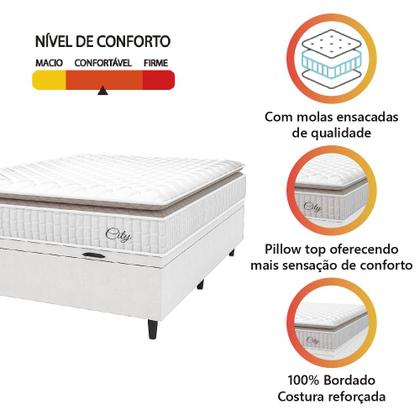 Imagem de Cama Box Baú Colchão Casal Molas Ensacadas City Pillow Top 138x188x64cm Linho Branco / Bege Hellen - Suporta até 110kg por Pessoa
