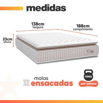 Imagem de Cama Box Baú Colchão Casal Molas Ensacadas City Pillow Top 138x64cm Branco/Bege Hellen