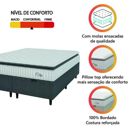 Imagem de Cama Box Baú Colchão Casal Queen Molas Ensacadas City Pillow Top 158x198x64cm Branco / Cinza Hellen - Suporta até 110kg por Pessoa