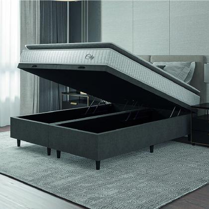 Imagem de Cama Box Baú Colchão Casal Queen Molas Ensacadas City Pillow Top 158x198x64cm Branco / Cinza Hellen - Suporta até 110kg por Pessoa