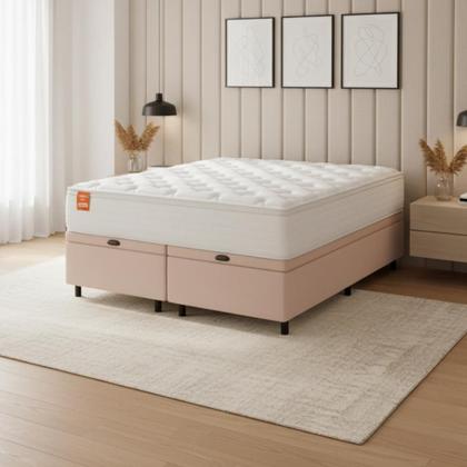 Imagem de Cama Box Baú Colchão Casal Queen Molas Ensacadas Real 158x198x68cm Branco / Bege Inducol - Suporta até 130kg por Pessoa