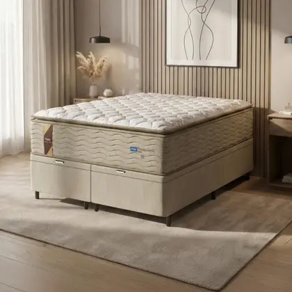 Imagem de Cama Box Baú Colchão Casal Queen Probel Molas Guarda Costas Max Pillow Top 158x198x81cm Bege / Branco