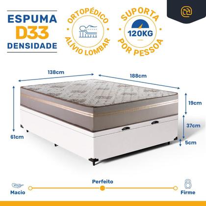 Imagem de Cama Box Baú + Colchão de Casal D33 Millenium One Face 138x188x49cm Branco - Suporta até 120kg por pessoa