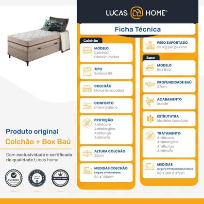 Imagem de Cama Box Baú + Colchão de Solteiro Classic Molas Pocket 88x188x64cm