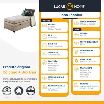 Imagem de Cama Box Baú + Colchão de Solteiro Classic Molas Pocket 88x188x64cm