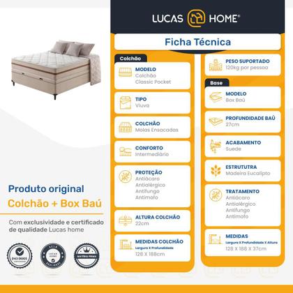Imagem de Cama Box Baú + Colchão de Viúva Classic Molas Pocket 128x188x64cm
