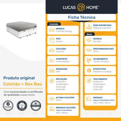 Imagem de Cama Box Baú + Colchão Queen Strong D45 One Face 158x198x54cm Branco - Suporta até 150kg por pessoa