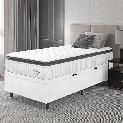 Imagem de Cama Box Baú Colchão Solteiro Molas Ensacadas City Pillow Top 88x188x64cm Linho Branco/Preto Hellen