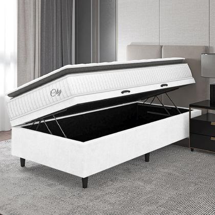 Imagem de Cama Box Baú Colchão Solteiro Molas Ensacadas City Pillow Top 88x188x64cm Linho Branco/Preto Hellen