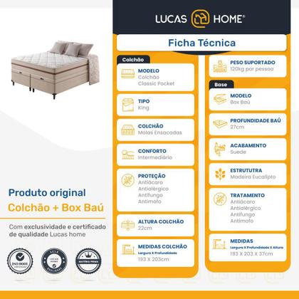 Cama Box Baú + Colchão Super King Classic Molas Pocket 193x203x64cm - Lucas Home Imagem de Cama Box Baú + Colchão Super King Classic Molas Pocket 193x203x64cm