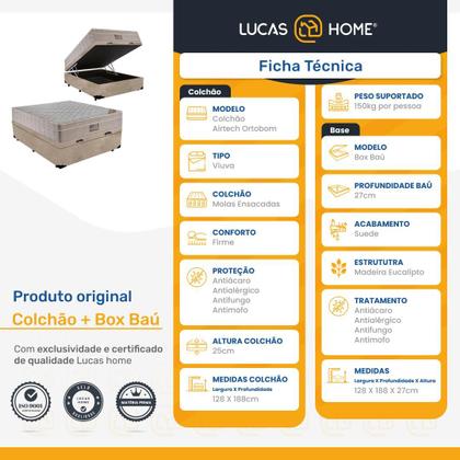Imagem de Cama Box Baú + Colchão Viúva Molas Ensacadas Airtech 128cm Bege - Suporta até 150 Kg Por Pessoa