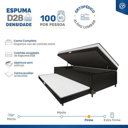 Imagem de Cama Box Baú com Colchão de Espuma acoplado e Auxiliar de Espuma Copenhague Solteiro 88cm