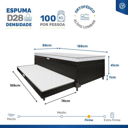 Imagem de Cama Box Baú com Colchão de Espuma acoplado e Auxiliar de Espuma Copenhague Solteiro 88cm
