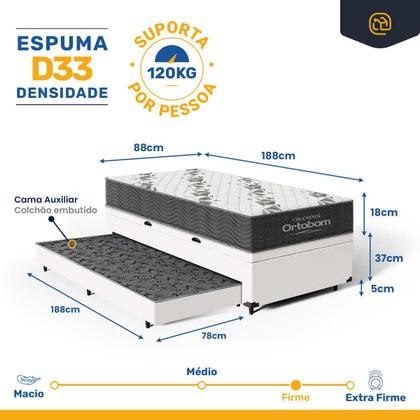 Imagem de Cama Box Baú com Colchão de Espuma D33 Ortobom Airtech 100 + Auxiliar Unique Solteiro 88cm