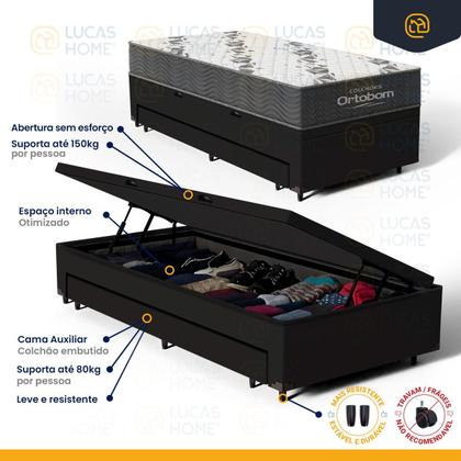 Imagem de Cama Box Baú com Colchão de Espuma D33 Ortobom Airtech 100 + Auxiliar Unique Solteiro 88cm