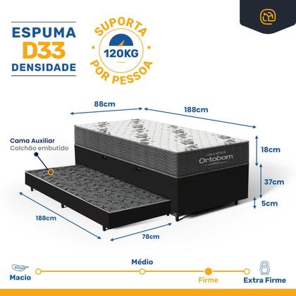 Imagem de Cama Box Baú com Colchão de Espuma D33 Ortobom Airtech 100 + Auxiliar Unique Solteiro 88cm