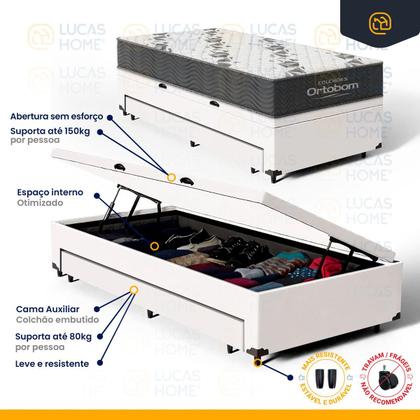 Imagem de Cama Box Baú com Colchão de Espuma D33 Ortobom Airtech 100 + Auxiliar Unique Solteiro 88cm