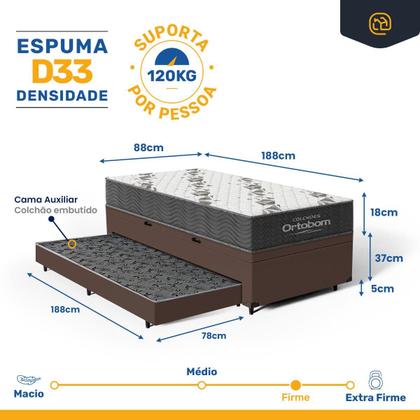 Imagem de Cama Box Baú com Colchão de Espuma D33 Ortobom Airtech 100 + Auxiliar Unique Solteiro 88cm
