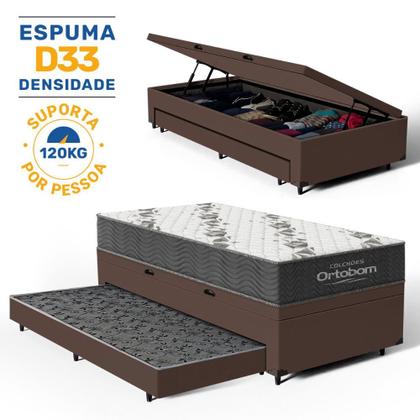 Imagem de Cama Box Baú com Colchão de Espuma D33 Ortobom Airtech 100 + Auxiliar Unique Solteiro 88cm