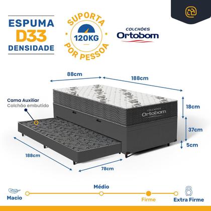 Imagem de Cama Box Baú com Colchão de Espuma D33 Ortobom Airtech 100 + Auxiliar Unique Solteiro 88cm